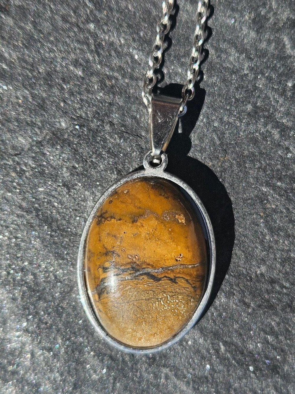 Brown Picture Jasper Oval Pendant Necklace 18" Silver Chain Stainless Steel